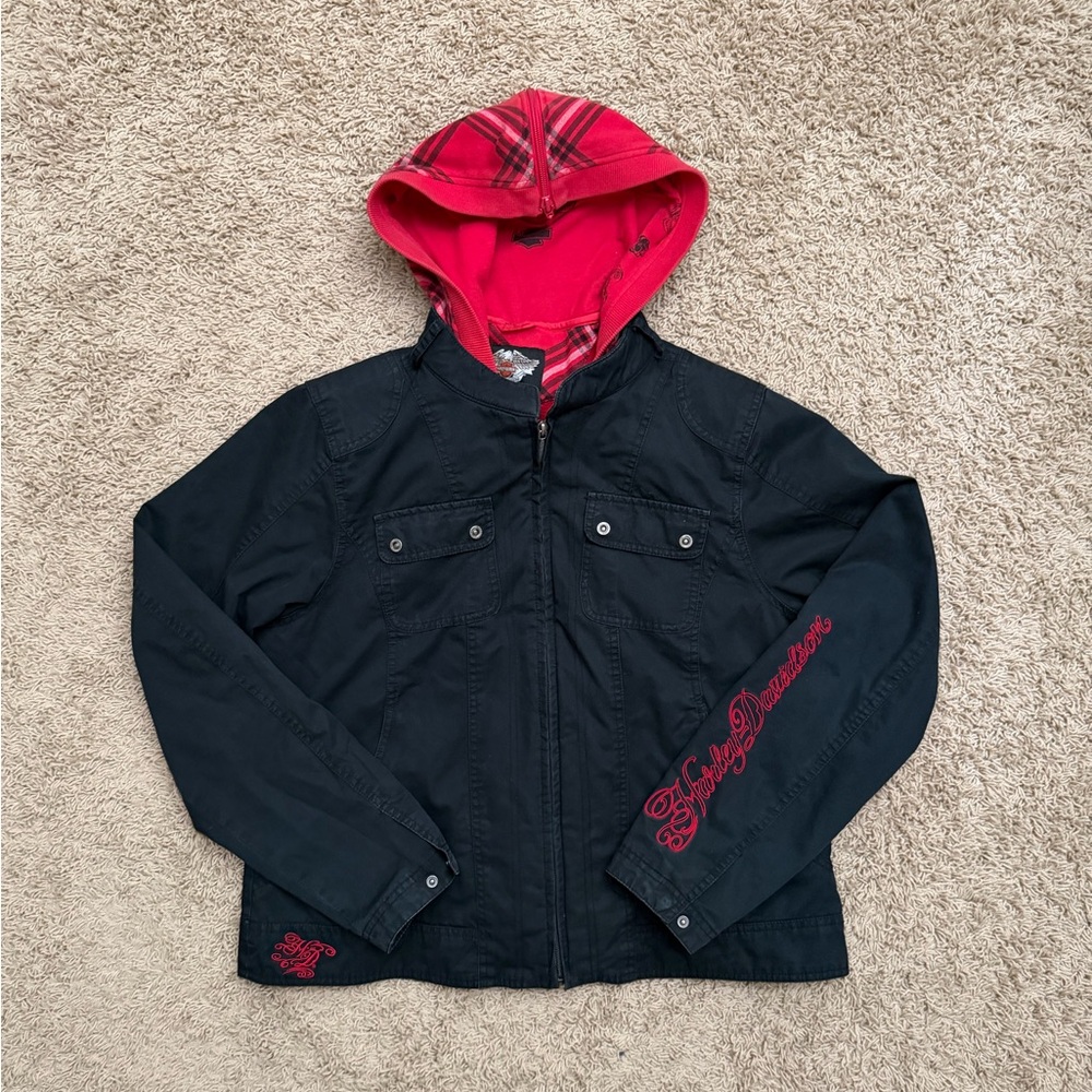 VTG Harley-Davidson Women's Black Red Detachable Vest Jacket Embroidered Size XL